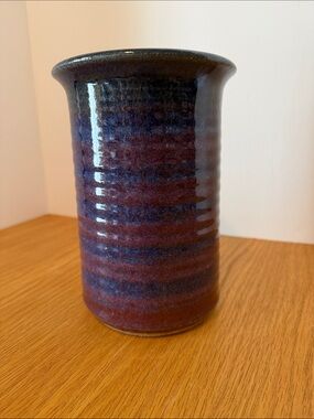 Handmade Ceramic Cylinder Vase in Deep Blue and Burgundy